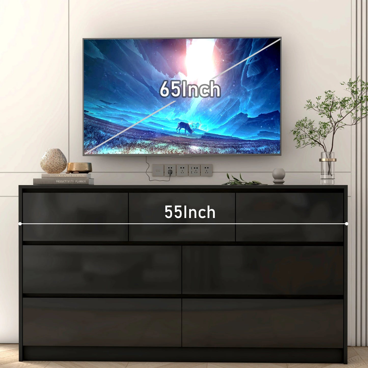 7 Drawer Wooden Dresser for Bedroom, 55" with High Gloss Drawers