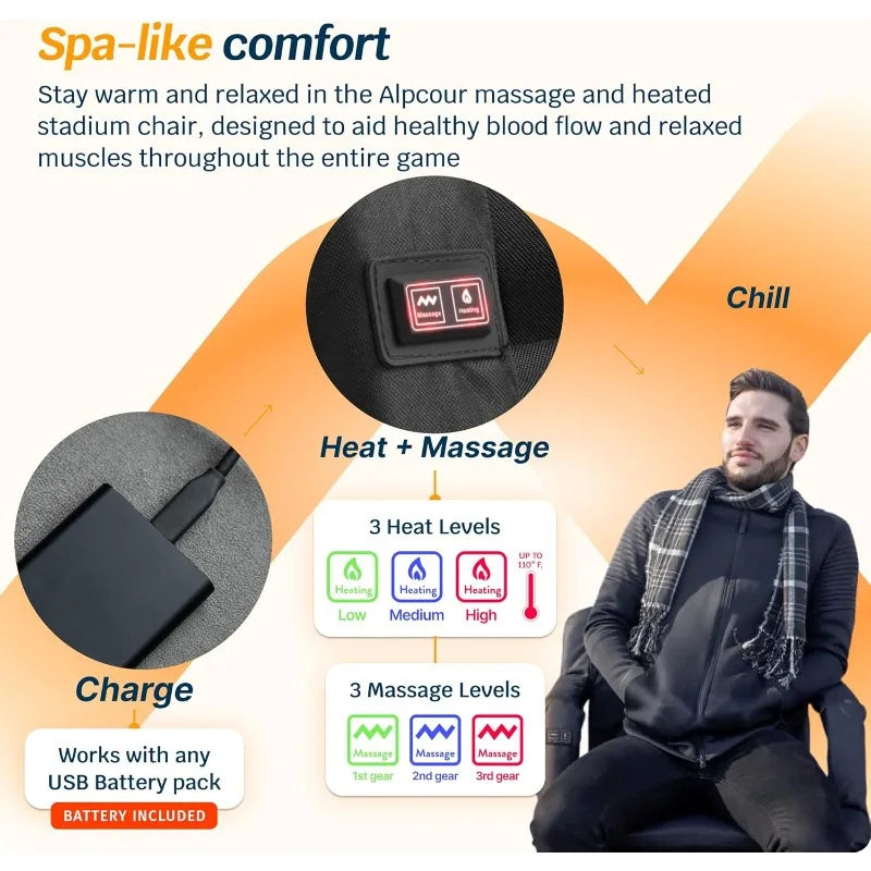 Alpcour Heated Massage Reclining Stadium Seat – 21" Wide Padded Bleacher Chair with Back Support, Armrests & Cushion for Bleachers