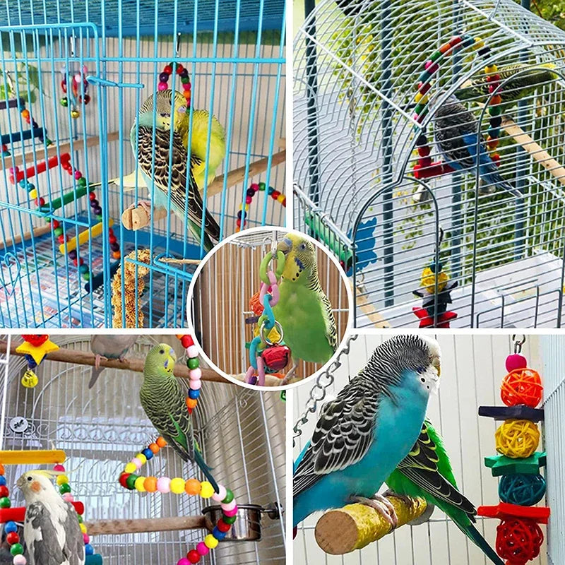 7PCS Wooden Bird Toy Set – Parrot Cage Accessories with Swing, Bells, Bridge, and Chew Toys
