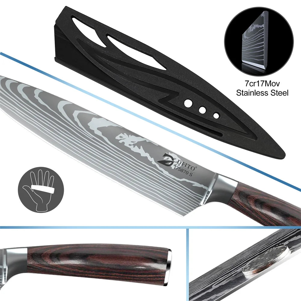 8-Piece Kitchen Knife Set – Damascus Stainless Steel Chef, Utility, Paring, Boning, Cleaver, Slicing & Santoku Knives with Nylon Bag