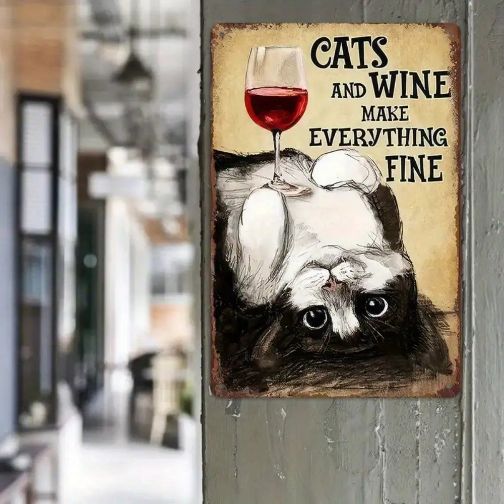 Funny "Cats & Wine Make Everything Fine" Metal Sign – Pet & Wine Tin Wall Décor for Home, Bar & Kitchen