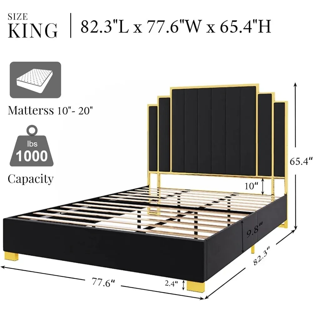 King Size Platform Bed Frame – 65" Velvet Upholstered Headboard with Elegant Gold Trim, Sturdy Wood Slats, No Box Spring Needed
