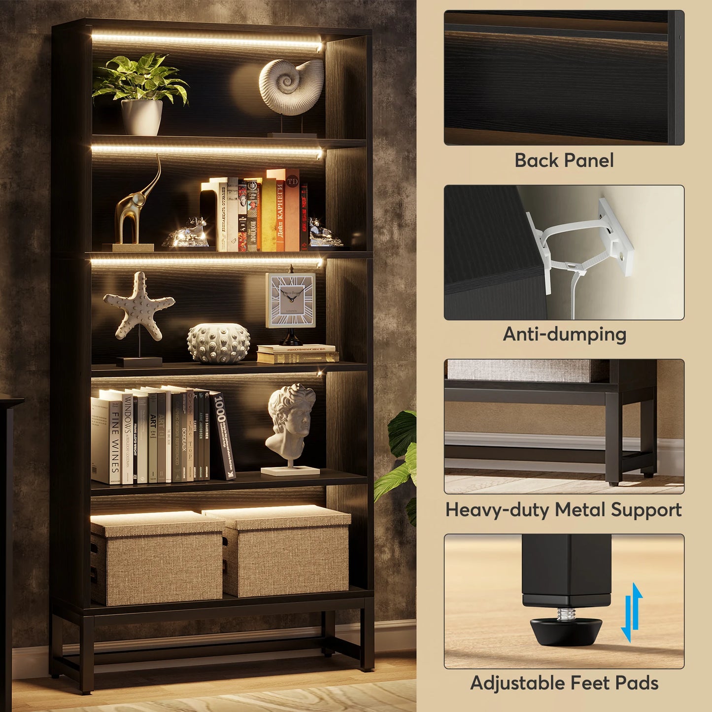 Large Heavy Duty Bookcase 70.8” with LED Lights