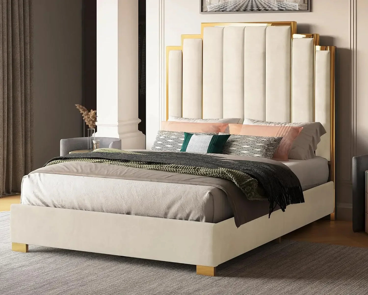 King Size Platform Bed Frame – 65" Velvet Upholstered Headboard with Elegant Gold Trim, Sturdy Wood Slats, No Box Spring Needed