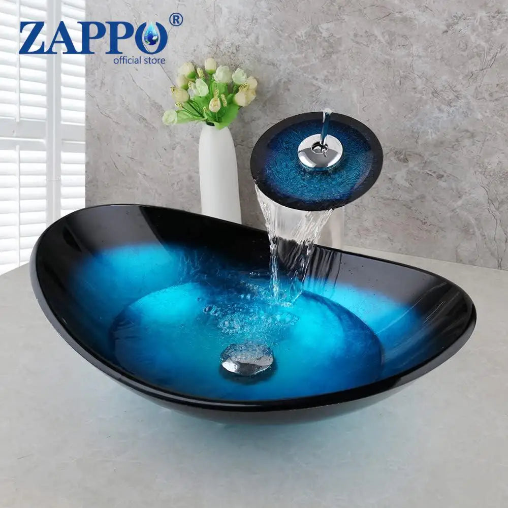 ZAPPO Blue Tempered Glass Bathroom Vessel Sink with Waterfall Black Faucet – Oval Above-Counter Basin Set