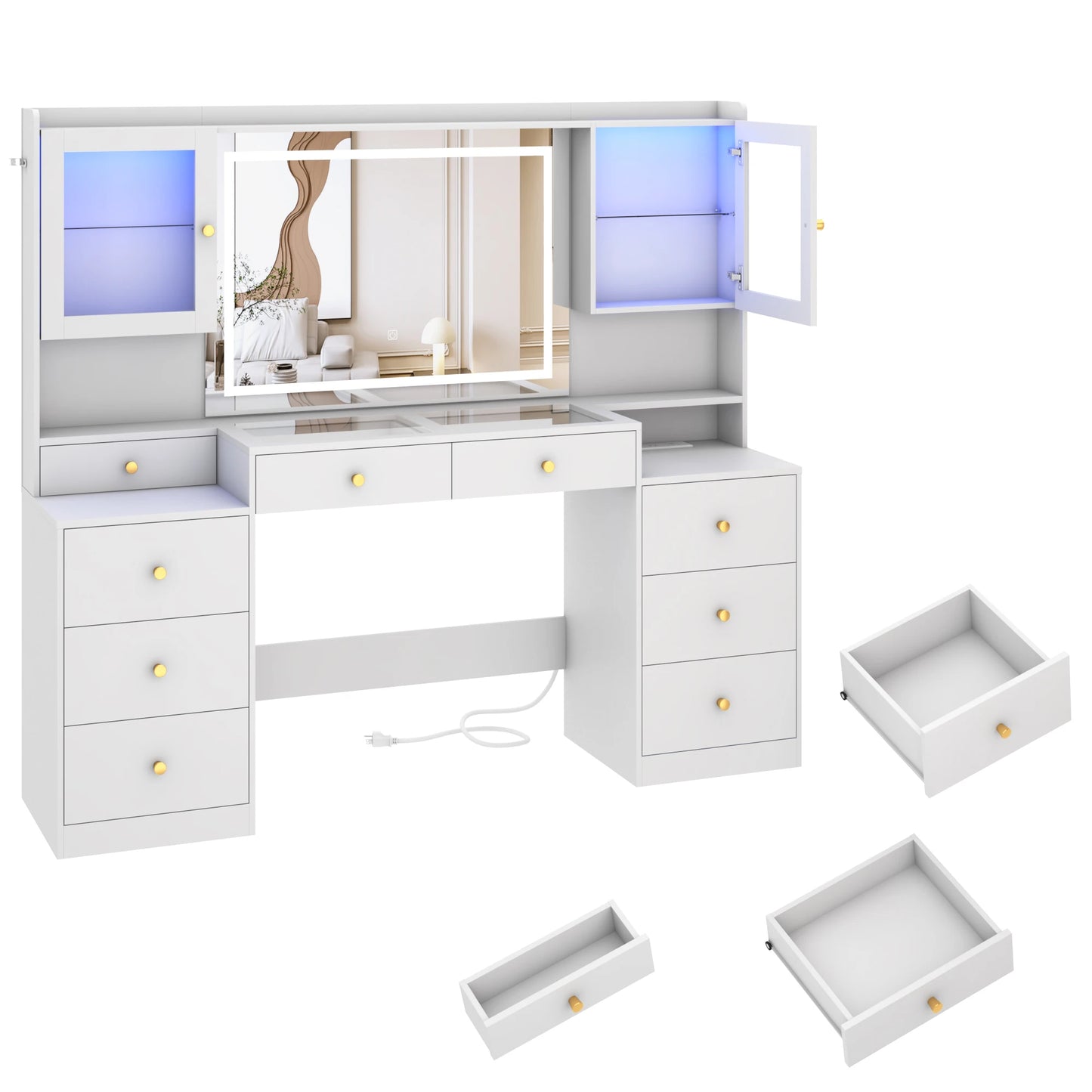 61.7" Large Vanity Desk with Mirror and Lights – Makeup Vanity with Charging Station, Sliding Drawers & Glass Door Cabinets