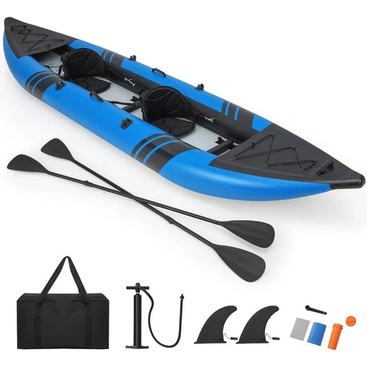 12.5FT Inflatable 2-Person Kayak Canoe – Heavy-Duty Drop-Stitch Floor, 507 lbs Capacity, Adjustable Seats, Paddles, Pump & Carry Bag Included