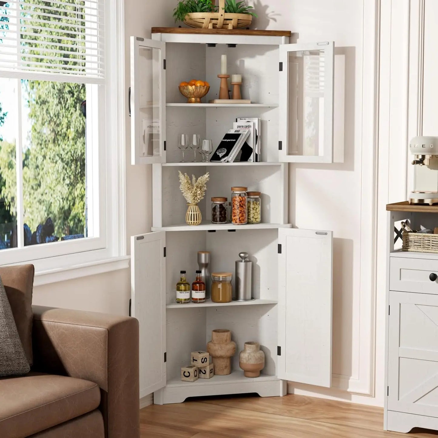 Vabches 67" Tall Corner Cabinet – 5-Tier Farmhouse Storage Cabinet with Doors & Adjustable Shelves for Living Room