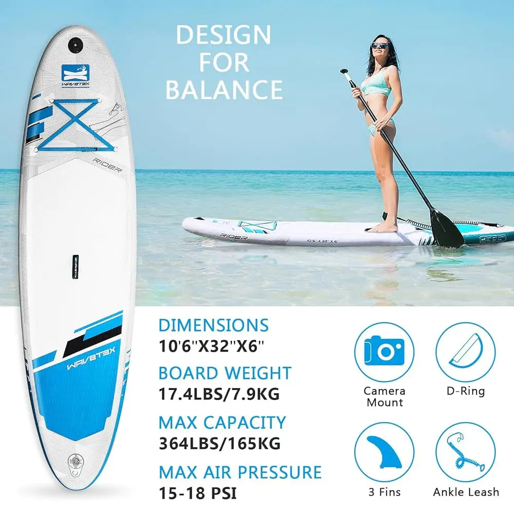 Inflatable Stand Up Paddle Board with SUP Camera Mount & Seat – Wide Stance Blow-Up Paddleboard Kit with Backpack, Pump & 3 Fins