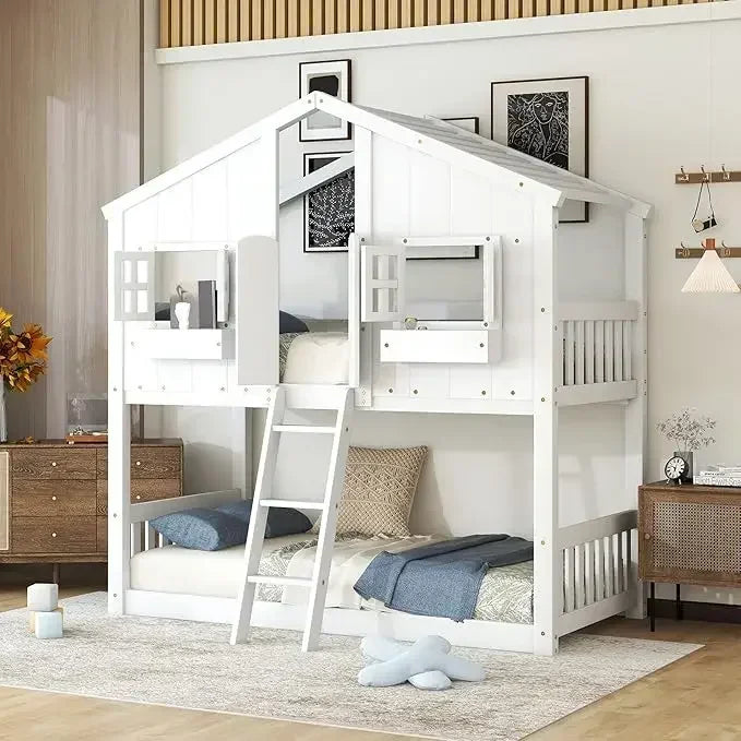 Twin Size House Bunk Bed Frame – Wooden Floor Bed Base with Roof, Window, Door & Flower Box – Playhouse Style Kids Bunk Bed