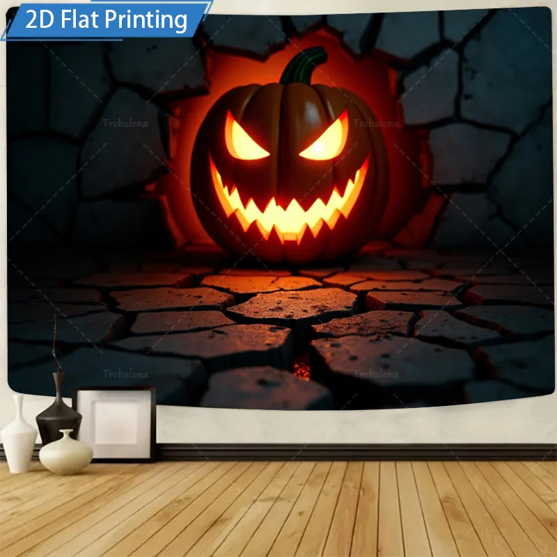 Halloween Wall Tapestry – Spooky Blood Moon Rising with Pumpkin & Bat Design, Gothic Holiday Décor for Home, Bedroom, or Party