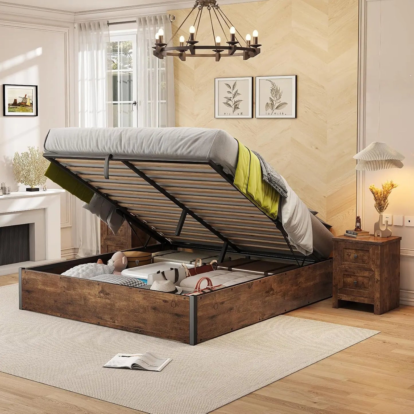 Lift-Up Storage Bed Frame – Wooden Platform Bed with Underbed Storage, Solid Wood Slat Support, No Fixed Headboard, No Box Spring Needed