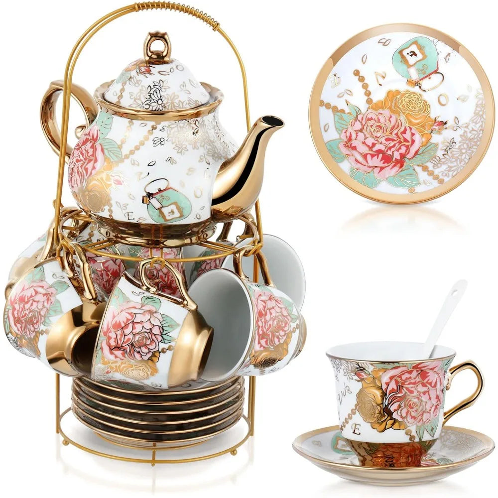 Elegant Ceramic Tea Party Set for Adults – European Floral Teapot, Teacup, Saucer & Spoon Set – Large Fresh Style