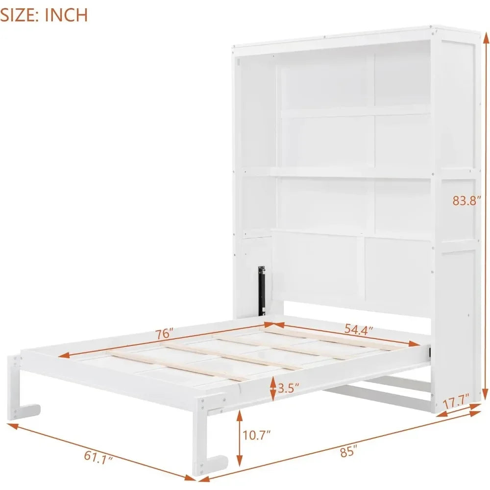Full Size Murphy Cabinet Bed with Shelves – Space-Saving Wooden Wall Bed for Home Office or Small Rooms, White