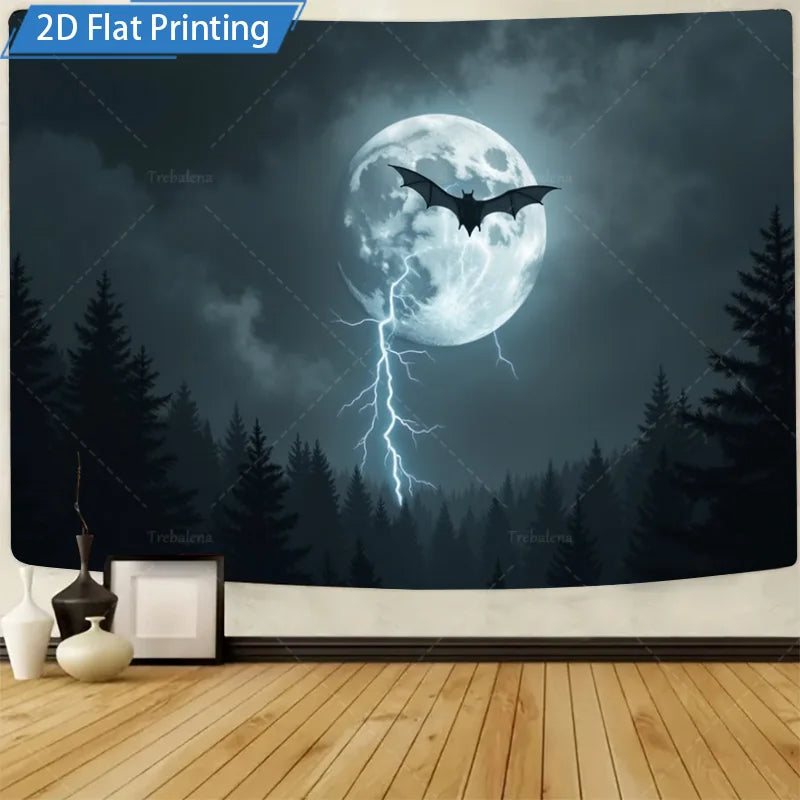 Halloween Wall Tapestry – Bat & Pumpkins Spooky Forest Scene, Seasonal Wall Hanging Décor for Home, Bedroom, or Party
