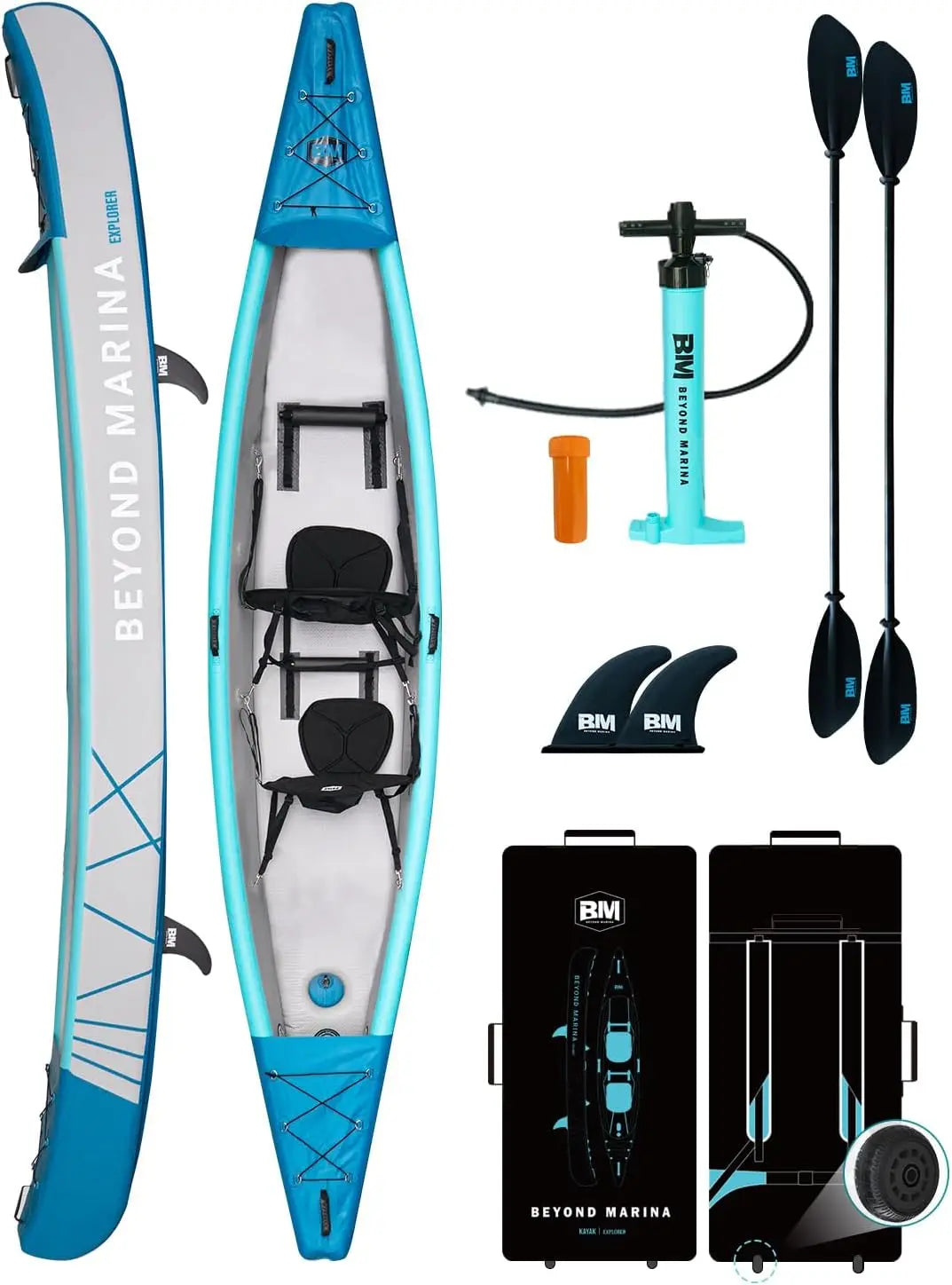 Inflatable Kayak for 1, 2, or 3 Adults – Full Drop-Stitch Touring Kayak with Aluminum Paddles, Adjustable Seats, Footrests, Pump & Fins