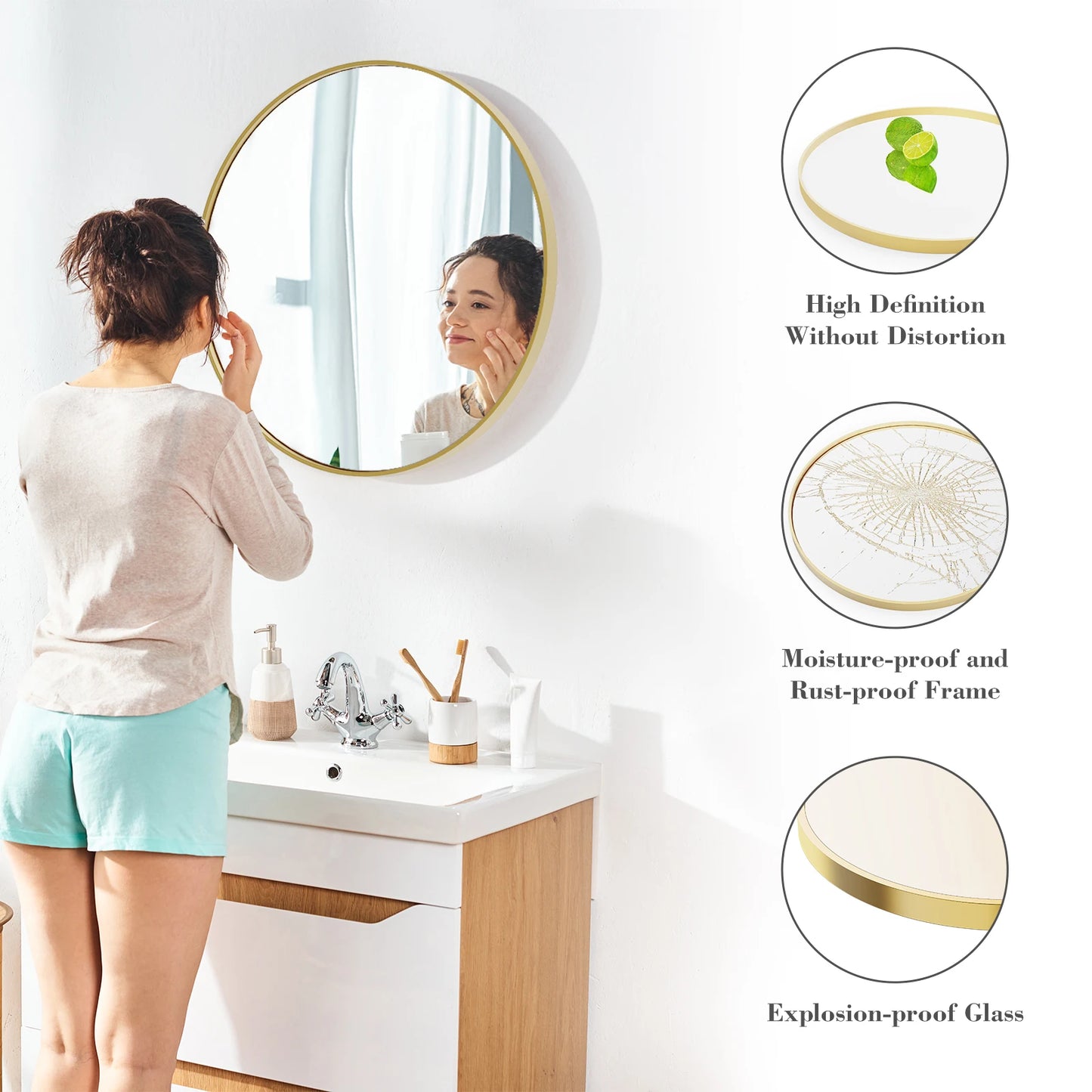 JHK Large Gold Round Vanity Framed Mirror for Wall