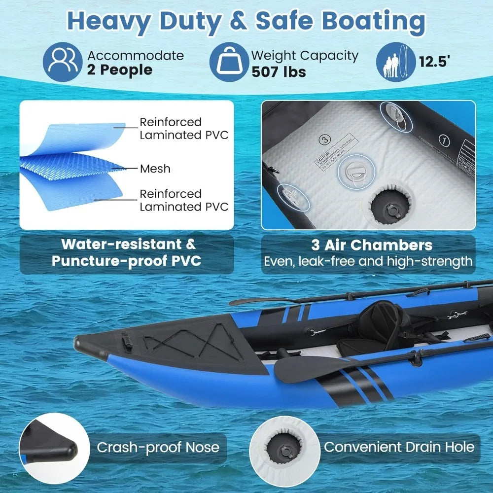 12.5FT Inflatable 2-Person Kayak Canoe – Heavy-Duty Drop-Stitch Floor, 507 lbs Capacity, Adjustable Seats, Paddles, Pump & Carry Bag Included