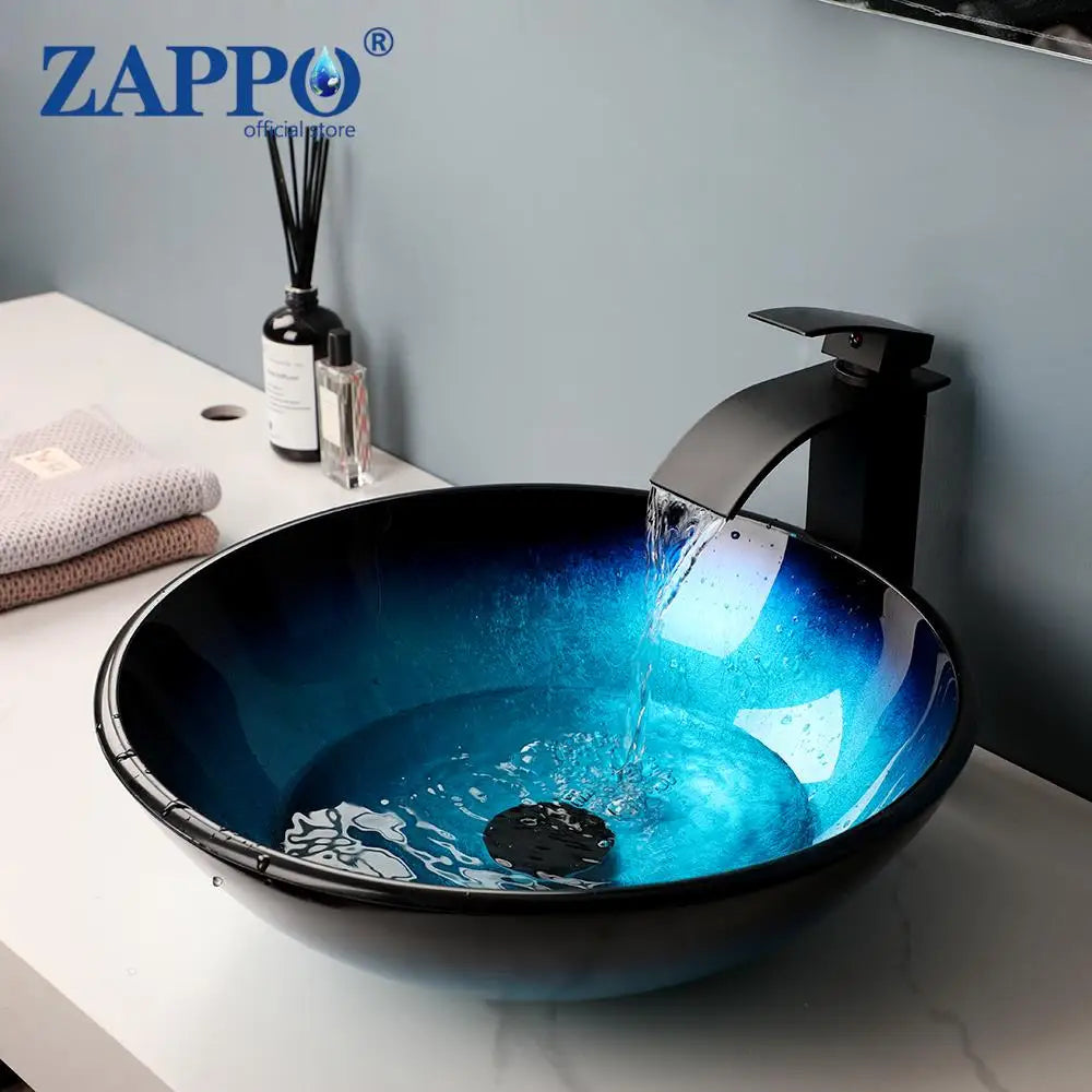 ZAPPO Blue Tempered Glass Bathroom Vessel Sink with Waterfall Black Faucet – Oval Above-Counter Basin Set