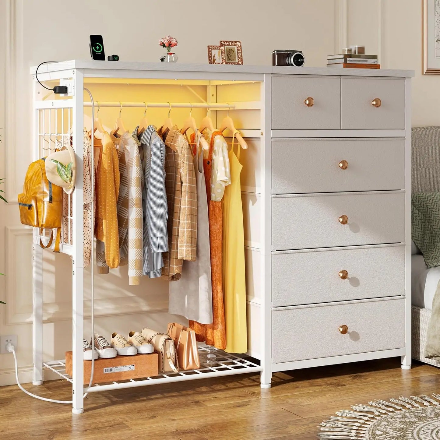 49.2" W White 6 Drawer Dresser for Bedroom with Hanging Rack with LED Lights