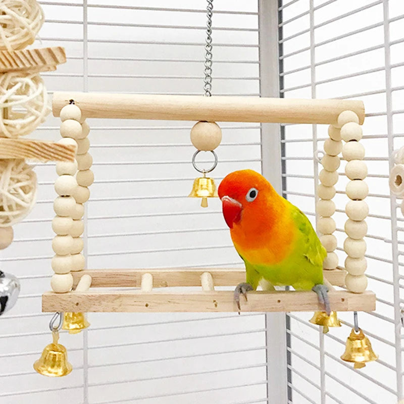 8-Piece Parrot Toy Set – Natural Wood Bird Swing, Perch, Climbing & Training Toys for Parrots, Cockatiels, Budgies, and Other Birds