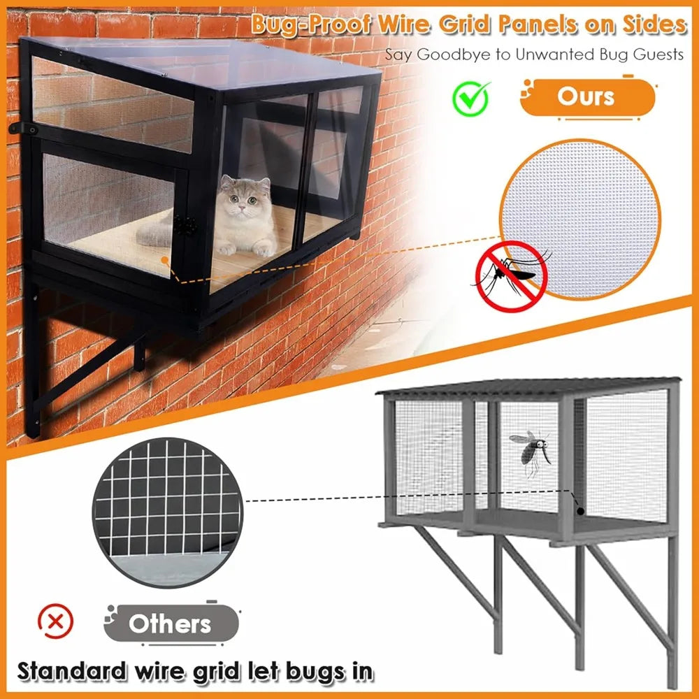 SunnyView™ Cat Window Box Perch – Outdoor Bug-Proof Wire Enclosure for Sunbathing, Napping & Outdoor Viewing