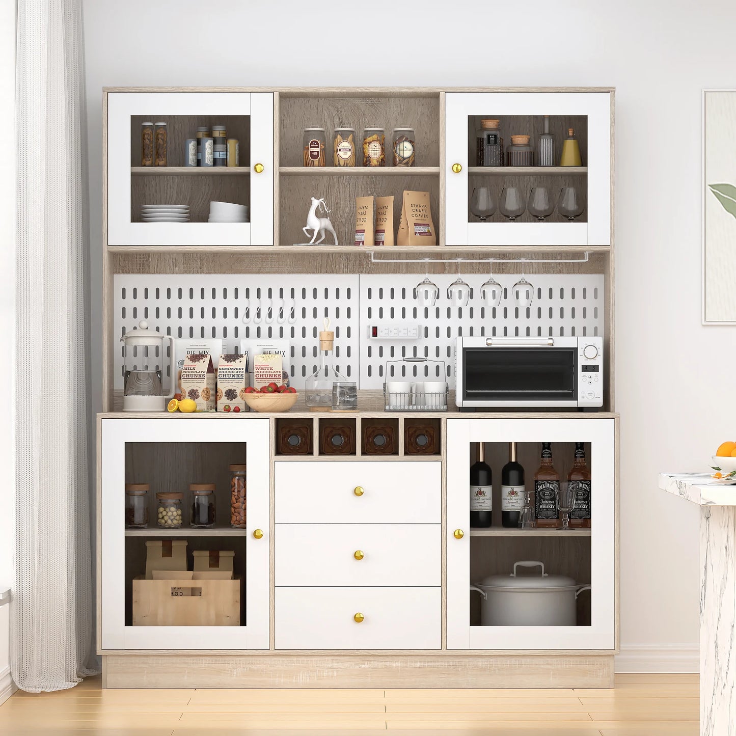 Pantry Cabinet – Freestanding Kitchen Storage Buffet Hutch with Pegboard, Cup Holder & Power Outlet, Black