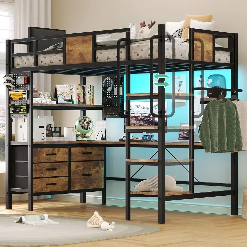 Twin Size Metal Loft Bed with L-Shaped Desk, LED Lights & Charging Station – Space-Saving Bunk Bed with Storage Shelves, 78" Length
