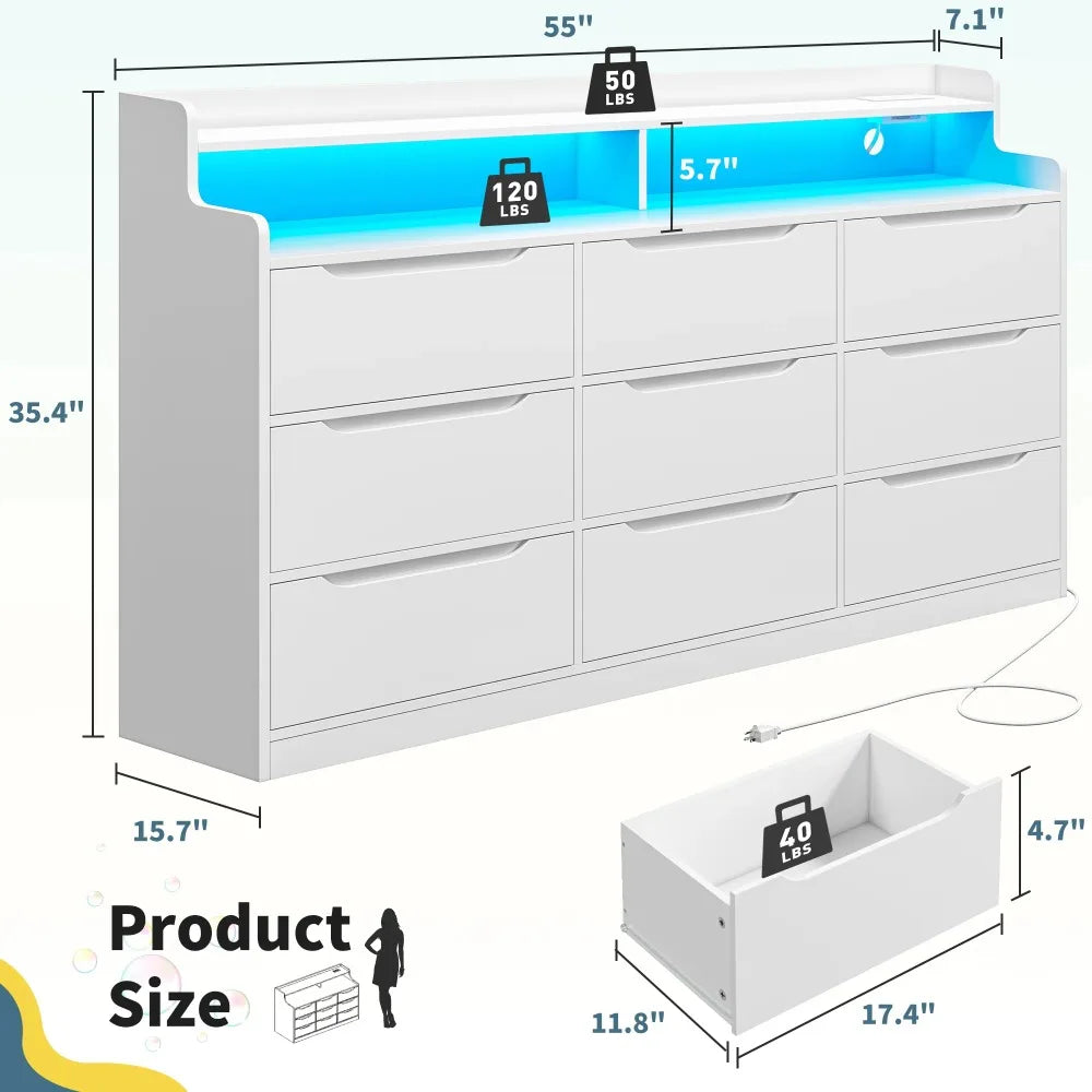 Wooden 9 Drawer Dressers for Bedroom with LED Light
