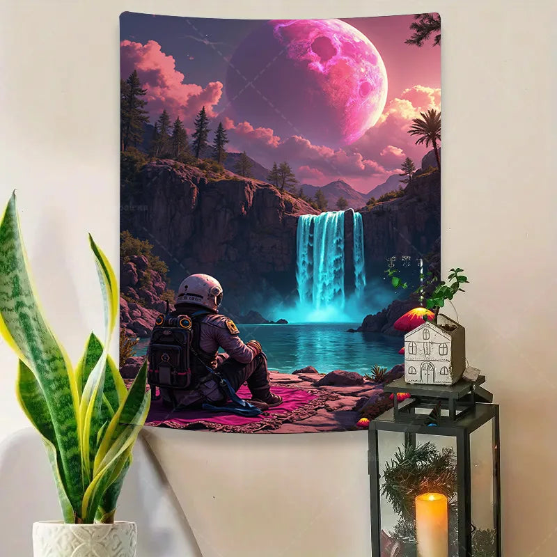 Futuristic Astronaut Wall Tapestry – Glowing Waterfall & Pink Moon, Sci-Fi Home Décor for Bedroom, Living Room, or Dorm