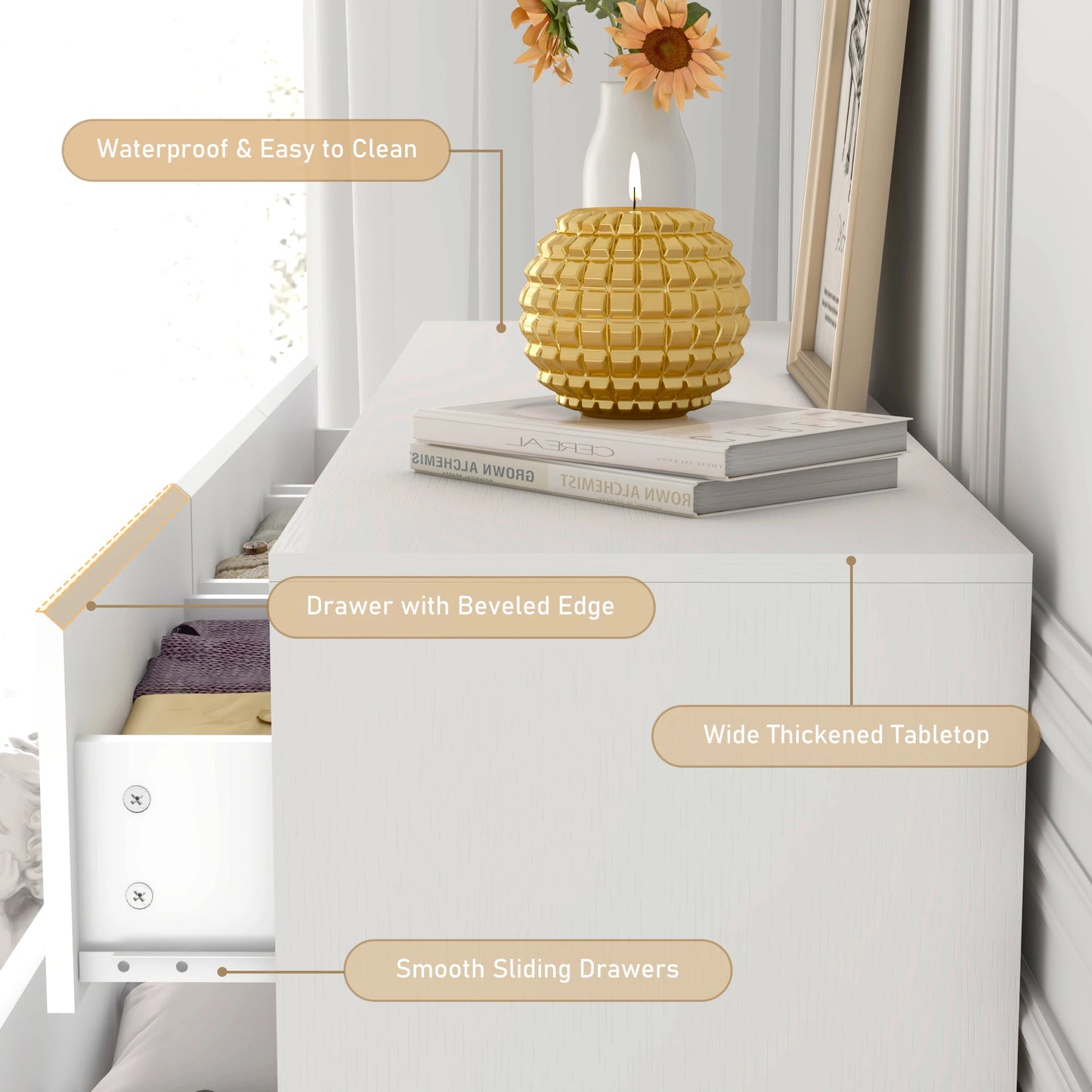 7 Drawer Wooden Dresser for Bedroom, 55" with High Gloss Drawers
