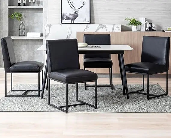 Faux Leather Upholstered Dining Chairs – Mid Century Modern Padded Kitchen Chairs with Black Metal Frame & Adjustable Foot Pads