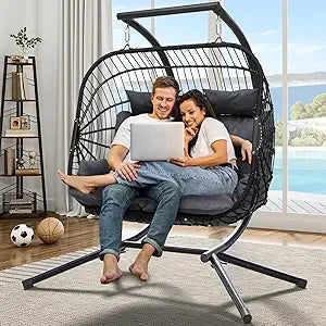 2-Person Hanging Egg Swing Chair with Stand – Wicker Hammock Chair with Cushions, 550lbs Capacity for Indoor/Outdoor Use – Patio, Garden, Bedroom Lounge