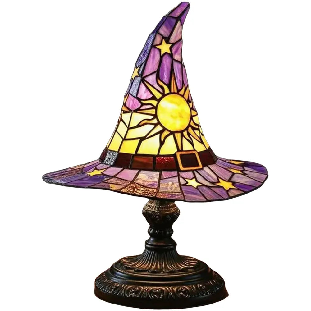 Stained Glass Witch Hat Lamp – LED Resin Witch Hat Light Ornament, USB Powered Home & Bedroom Decoration