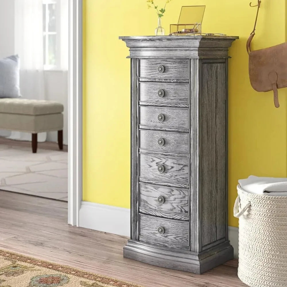 Standing Jewelry Armoire – Large 7-Drawer Wooden Jewelry Organizer with Mirror, Side Doors & Anti-Tarnish Lining for Home
