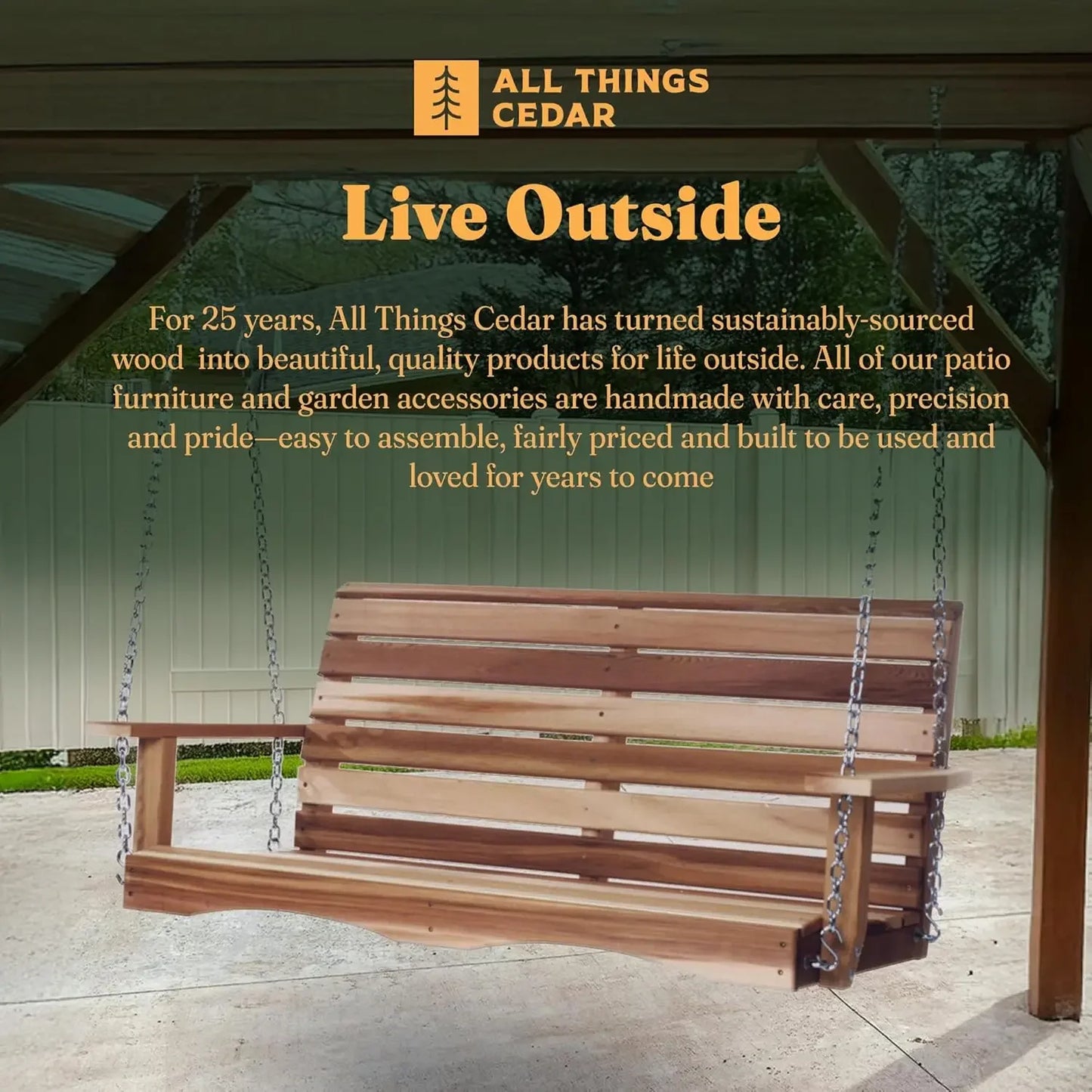 4-Foot Wooden Porch Swing – Natural Outdoor Patio Hanging Bench for Garden, Deck, or Porch
