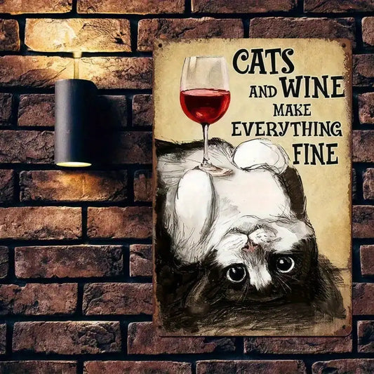 Funny "Cats & Wine Make Everything Fine" Metal Sign – Pet & Wine Tin Wall Décor for Home, Bar & Kitchen