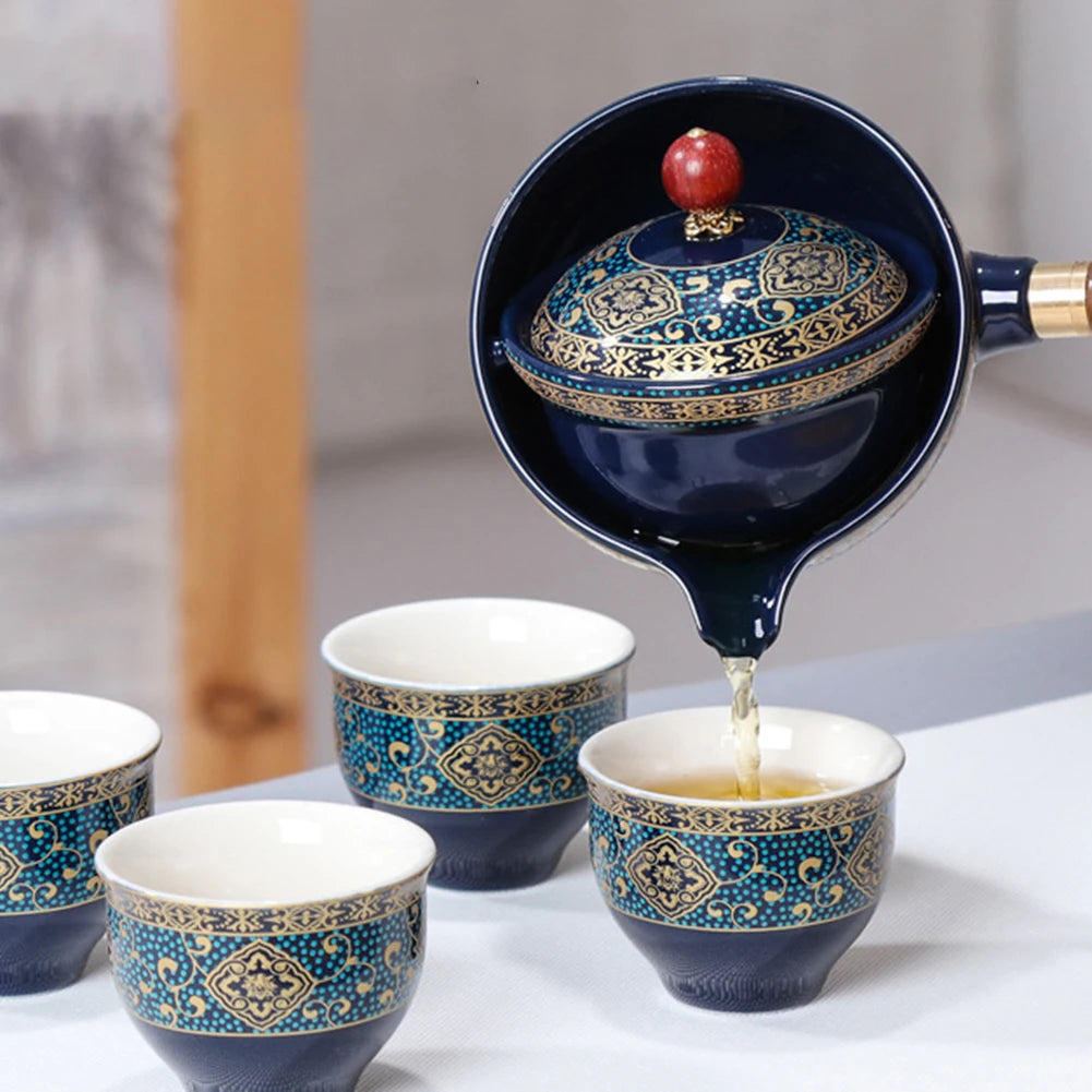 Portable Chinese Gong Fu Tea Set – 360° Rotating Semi-Automatic Ceramic Teapot with Infuser, Compact Teaware for Home, Office & Travel