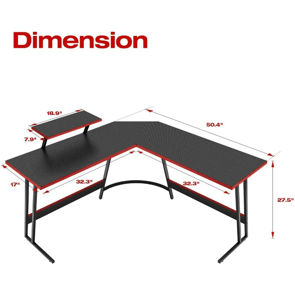 L-Shaped Gaming Desk with Monitor Riser – Sturdy Corner Computer Desk for Home Office & PC Gaming Setup, Space-Saving Writing Table