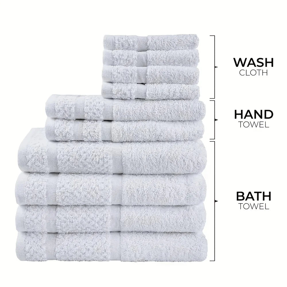 10-Piece Cotton Bath Towel Set – 4 Bath Towels, 2 Hand Towels & 4 Washcloths – Absorbent, Quick-Drying Solid Color Towels for Bathroom