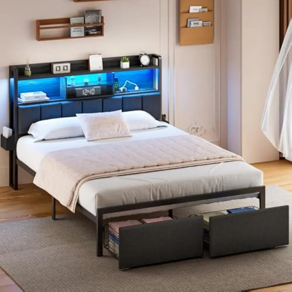 LED Queen Size Bed Frame with Storage Drawers & Charging Station – Metal Platform Bed with Headboard, No Box Spring Needed
