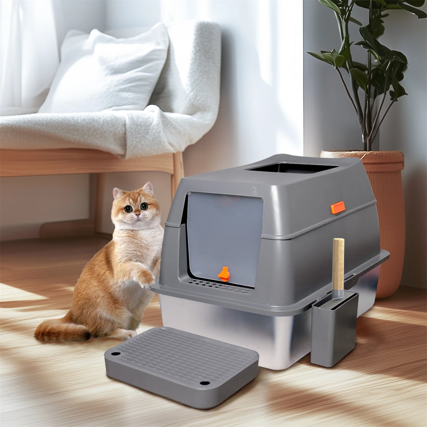 Enclosed Stainless Steel Cat Litter Box with Lid – Extra Large High-Walled Metal Tray for Big Cats & Kittens