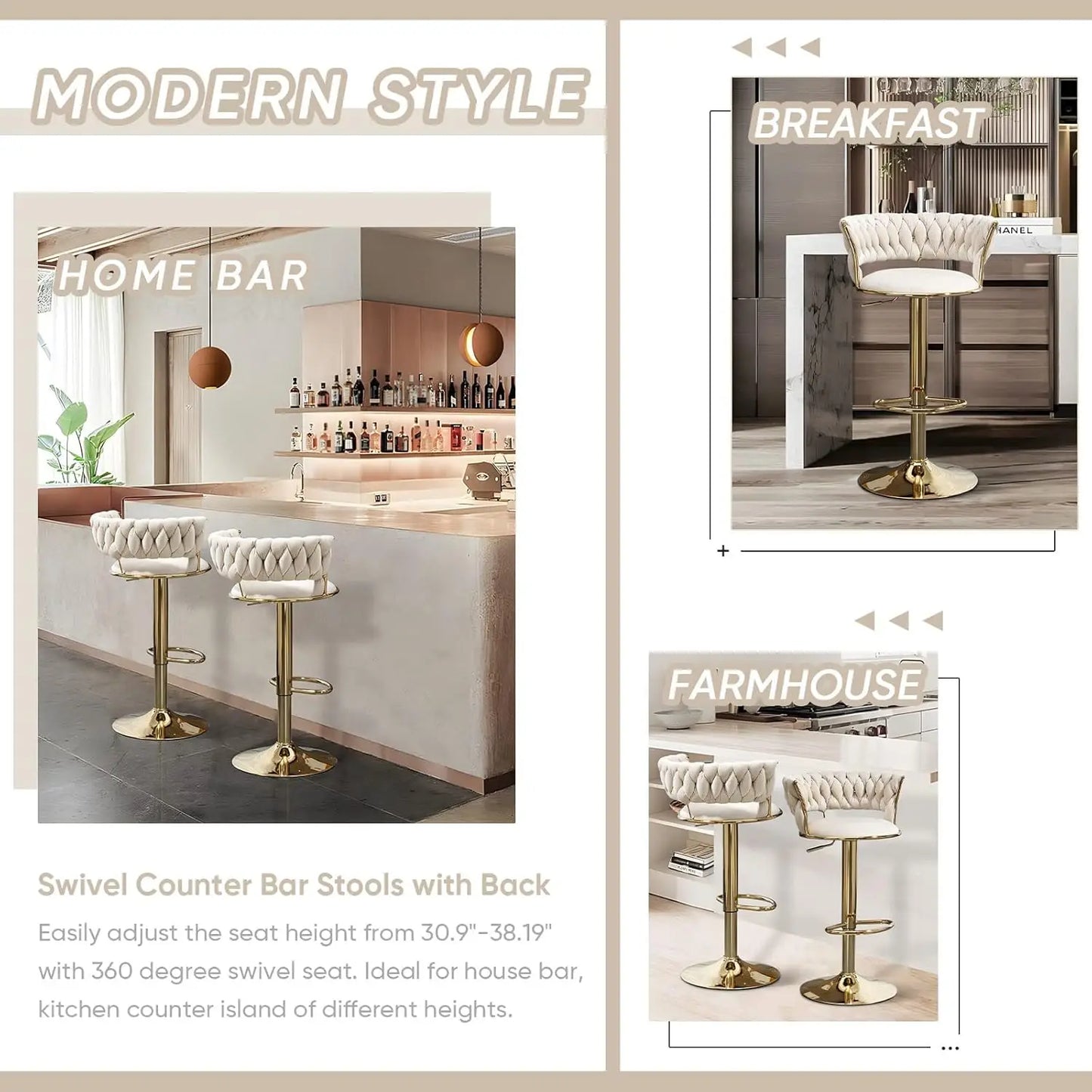 Swivel Velvet Bar Stools – Set of 3 Adjustable Counter Height Modern Bar Chairs