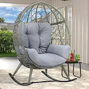 Wicker Rocking Egg Chair – Oversized Indoor/Outdoor Rattan Lounger for Patio, Backyard & Living Room