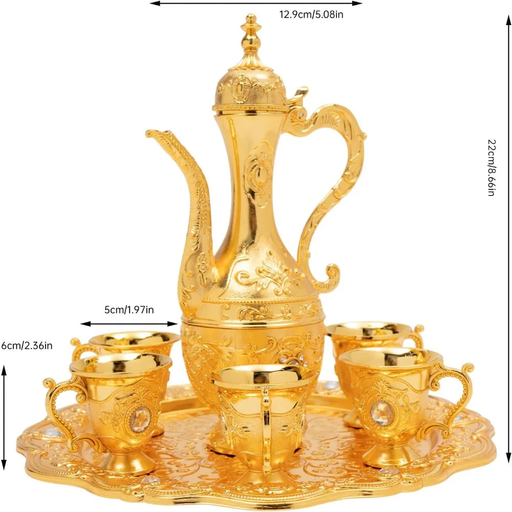 6-Piece Vintage Turkish Tea Set with Tray & Teapot – Large Capacity, Multi-Functional Metal Set for Tea, Coffee, or Wine (Gold)