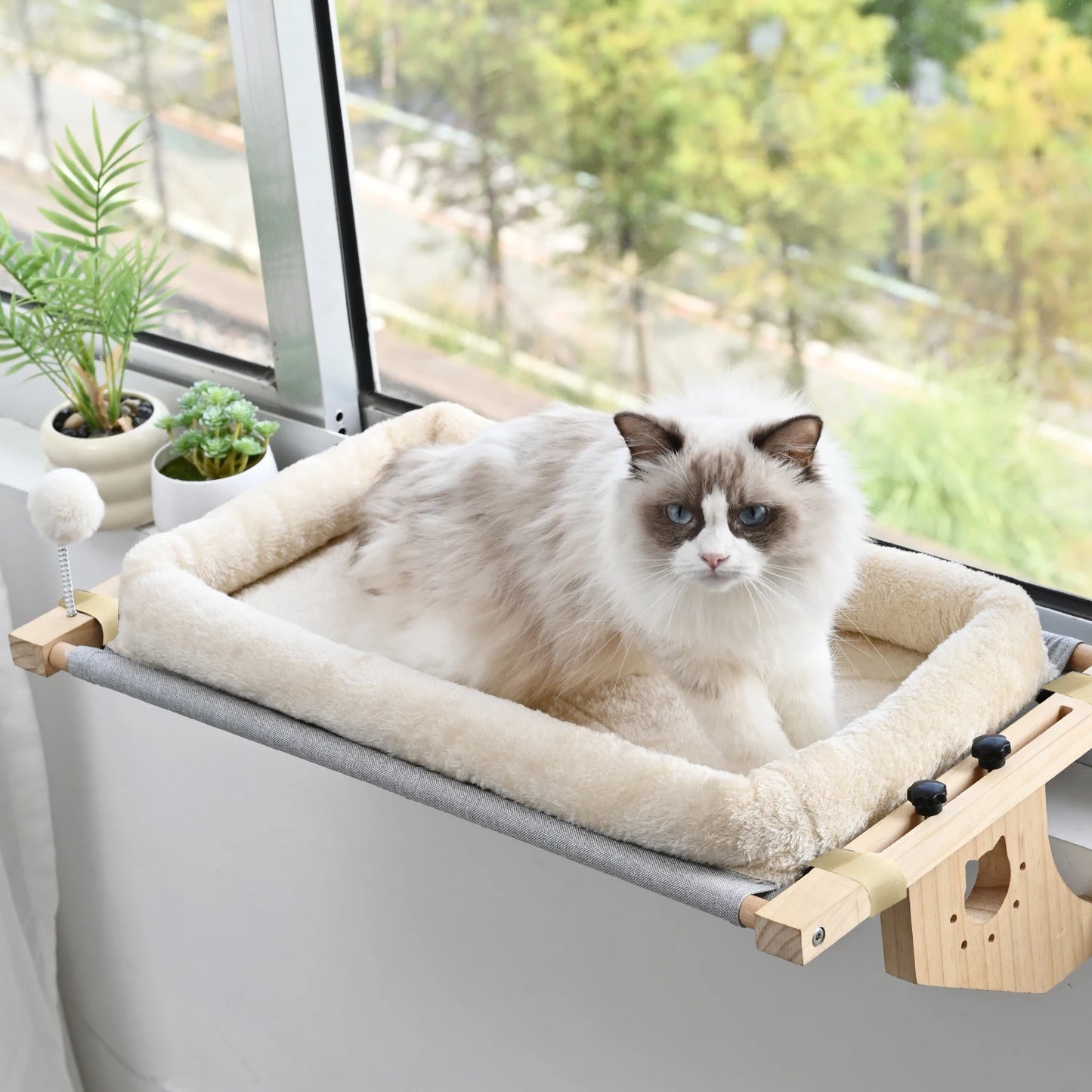 Cat Mattress Window Hammock – Double-Sided All-Season Bed with Hardwood Frame, Scratching Post & Play Balls
