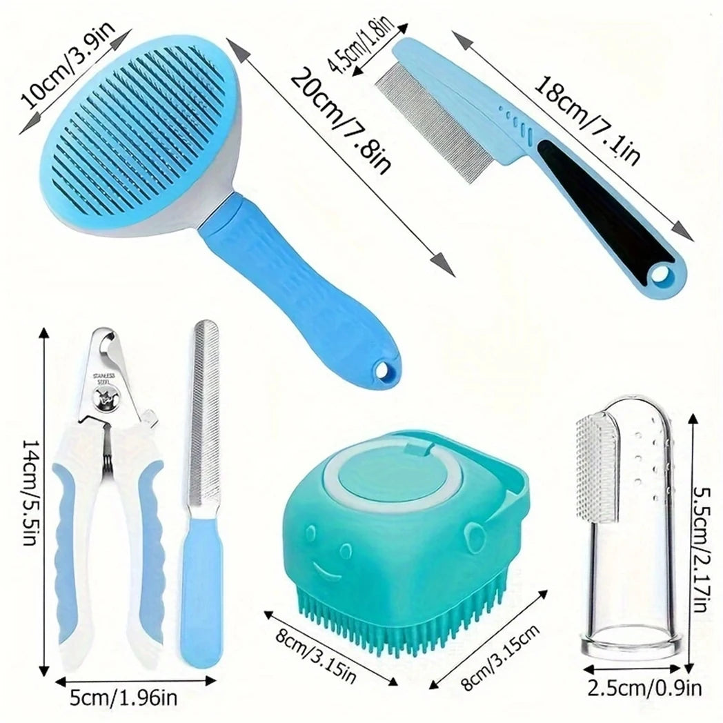 7-Piece Pet Grooming Kit – Complete Home Care Set for Dogs & Cats | Hair Removal Comb, Flea Comb, Shampoo Brush, Nail Clippers, Toothbrush & More