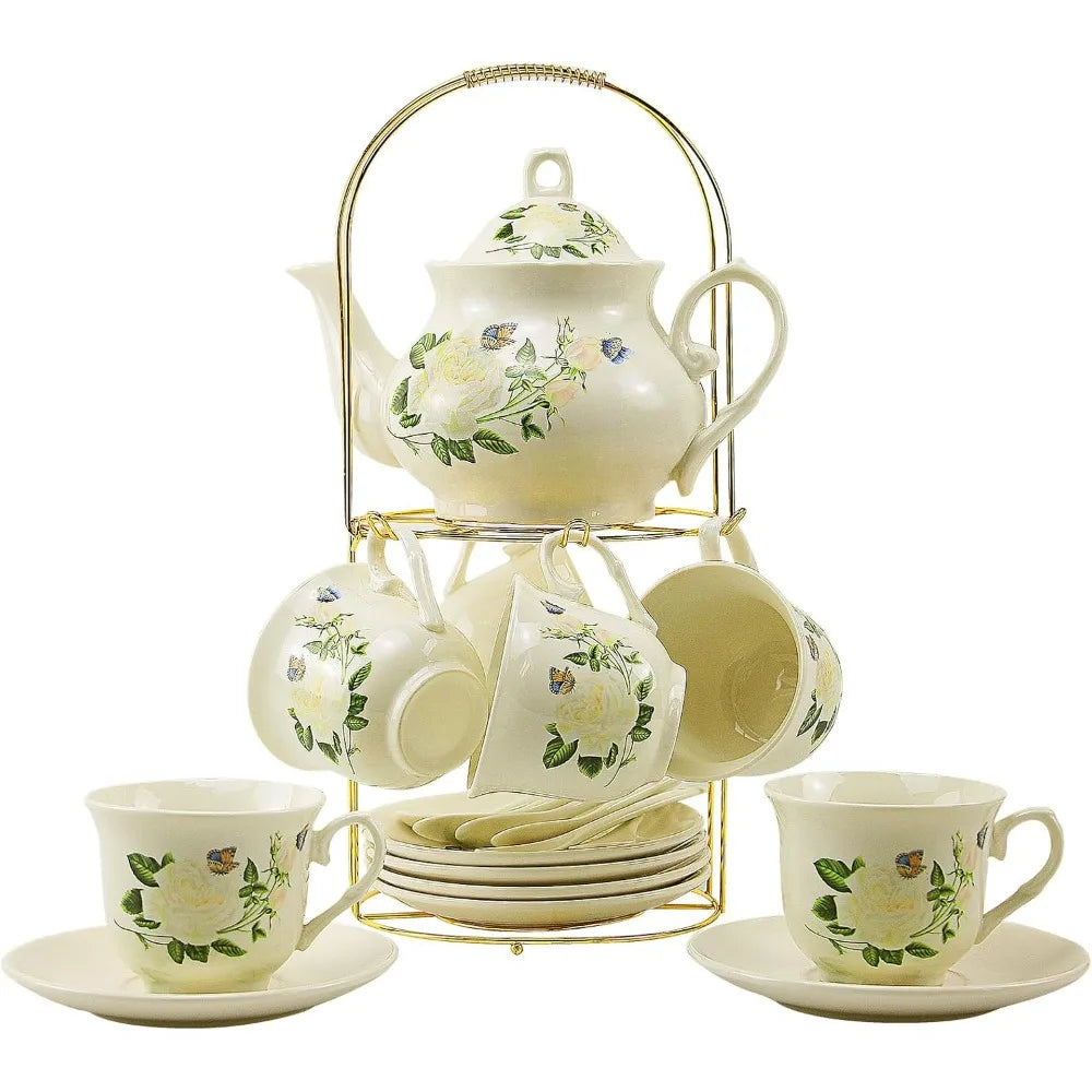 20-Piece Bone China Tea & Coffee Set with Gold Metal Rack – Elegant Porcelain Gift Set for Home, Parties, and Special Occasions (010)