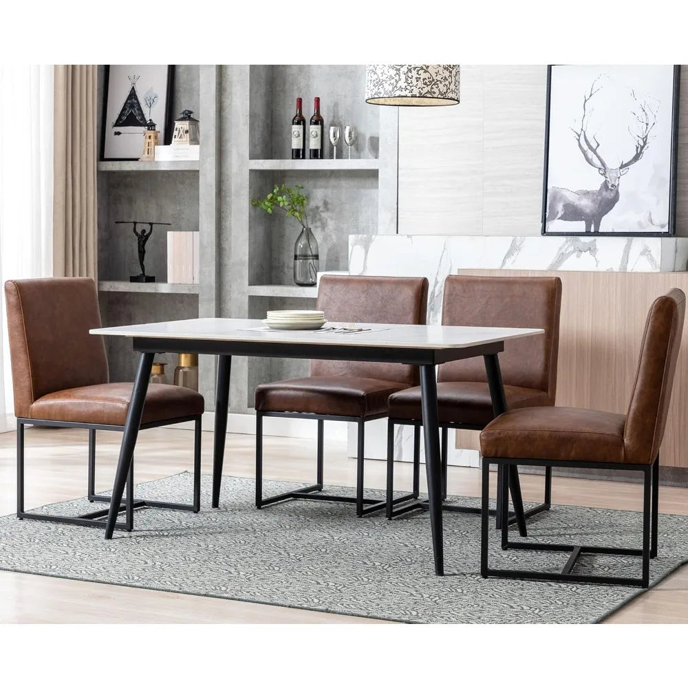 Faux Leather Upholstered Dining Chairs – Mid Century Modern Padded Kitchen Chairs with Black Metal Frame & Adjustable Foot Pads