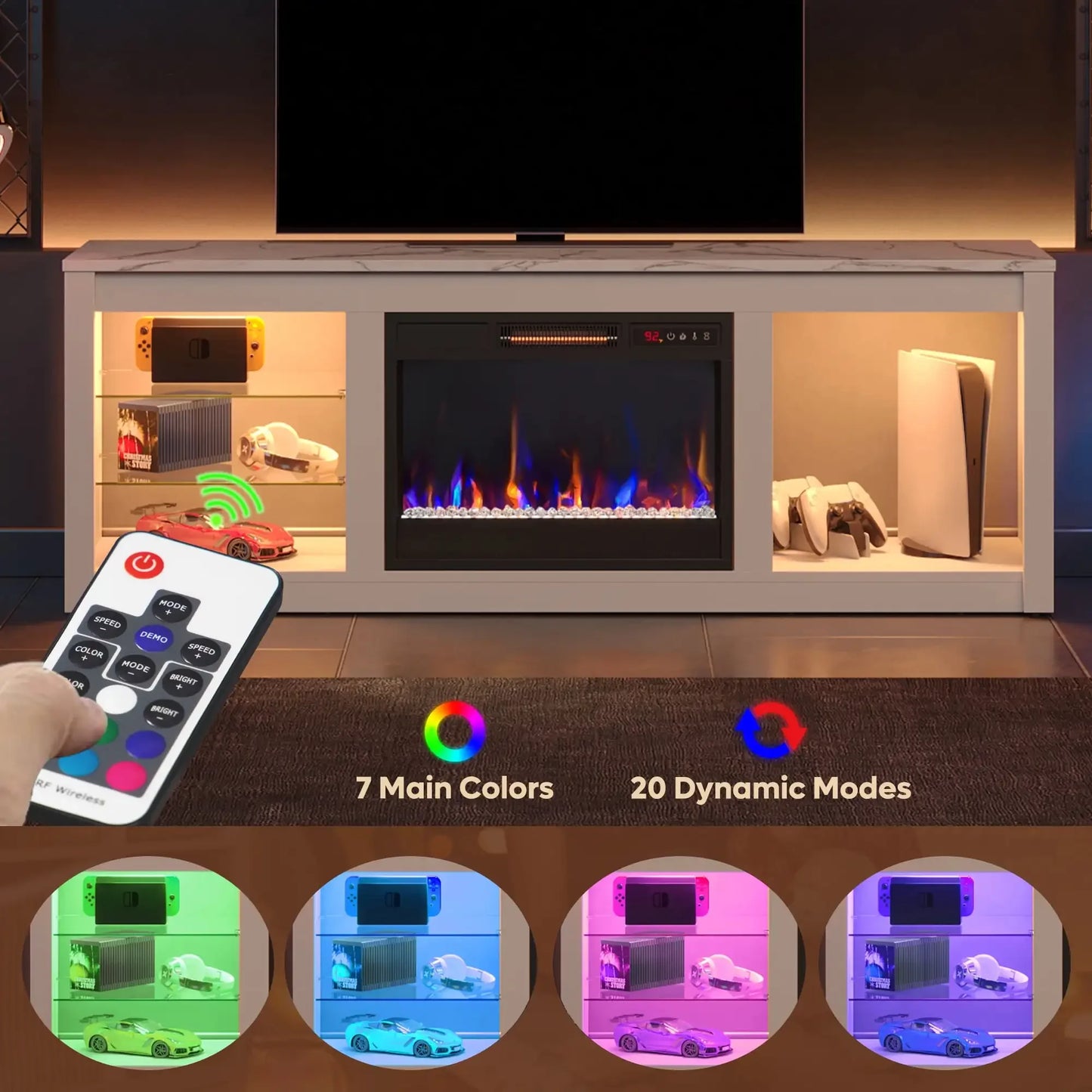 White Marble Electric 7 Color LED Fireplace TV Stand for TVs up to 70",